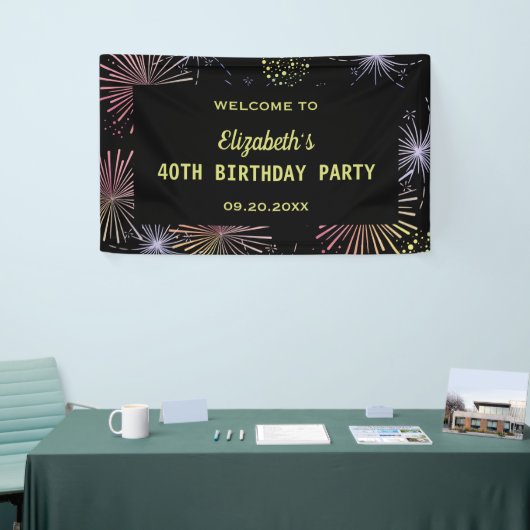 Chic Modern farbenfrohe Feuerwerke Black Birthday Banner (Messeveranstaltung)