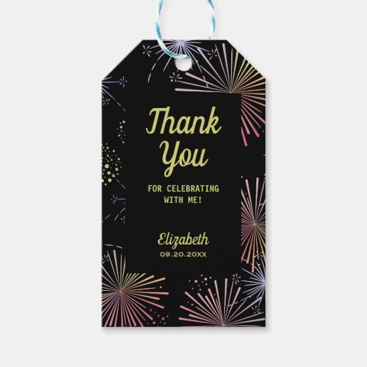 Chic Modern farbenfrohe Feuerwerke Black Birthday Geschenkanhänger (Vorderseite)