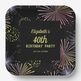 Chic Modern farbenfrohe Feuerwerke Black Birthday Pappteller