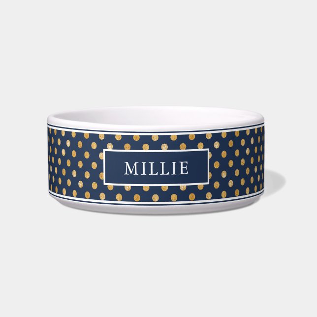 Chic Modern Geometric Navy Gold Dot Muster Name Napf (Vorderseite)