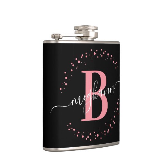 Chic Modern Girly Pink Black Name Script Monogram Flachmann (Rechts)
