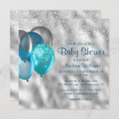 Chic Modern Glitzer Balloons Turquoise Kinderdusch Einladung (Vorne/Hinten)