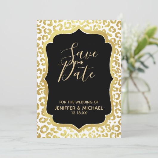 Chic Modern Gold White Leopard Jaguar Cheetah Einladung (Stehend Vorderseite)