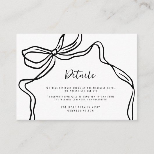 Chic Modern Hand Drawn Bow Wedding Details Begleitkarte (Vorderseite)
