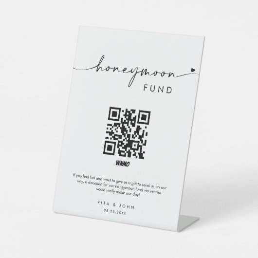 Chic Modern Honeymoon Fund Cash QR Code Hochzeit Sockelschild (Vorderseite)