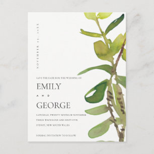 CHIC MODERN LEAFEN WATERCOLOR FOLIAGE SAVE THE DAT POSTKARTE