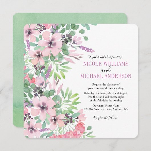 Chic modern Lilac Aquarellpeony Foliage WEDD Einladung (Vorne/Hinten)