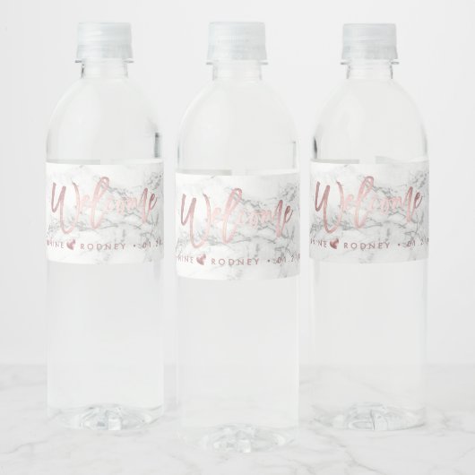Chic+Modern Marble+Rose Gold Script Willkommen Wasserflaschenetikett (Flaschen)