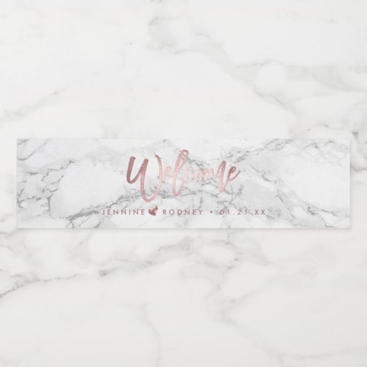Chic+Modern Marble+Rose Gold Script Willkommen Wasserflaschenetikett (Einzelnes Label)