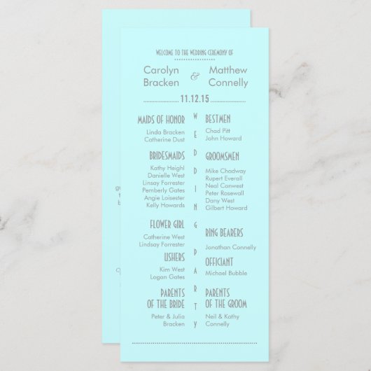 Chic Modern Mint Blue Wedding Program Rack Card Programm (Vorne/Hinten)
