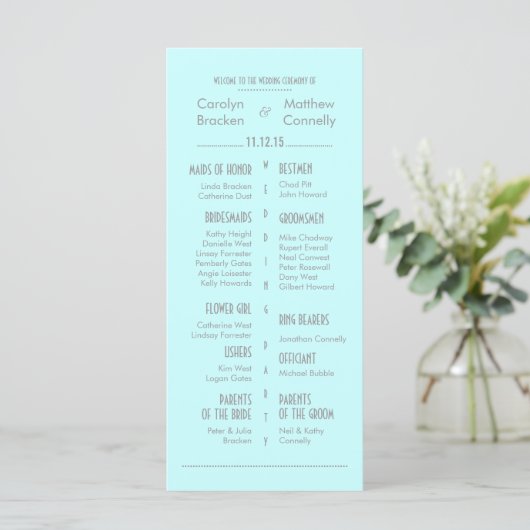 Chic Modern Mint Blue Wedding Program Rack Card Programm (Stehend Vorderseite)