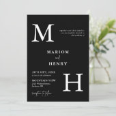 Chic Modern Monogram Initial Black White Wedding Einladung (Stehend Vorderseite)