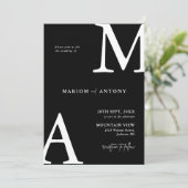 Chic Modern Monogram Initial Black White Wedding Einladung (Stehend Vorderseite)