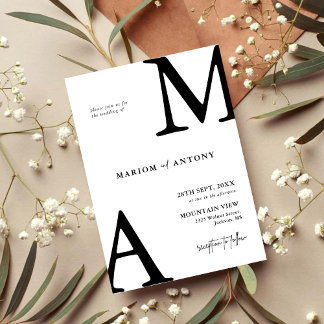 Chic Modern Monogram Initial Black White Wedding Einladung