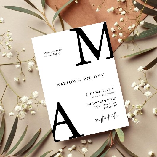 Chic Modern Monogram Initial Black White Wedding Einladung