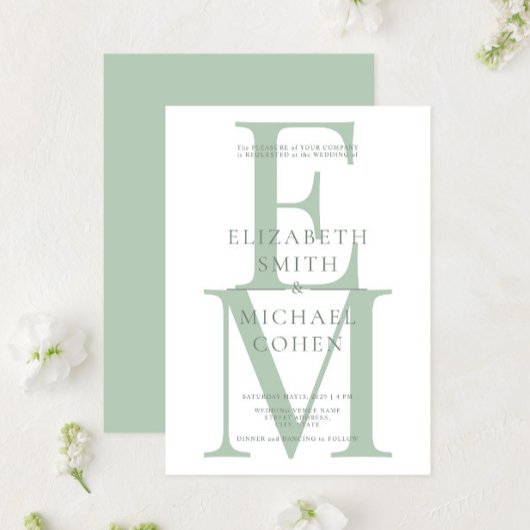 Chic Modern Monogram Initial Sage Green Wedding Einladung