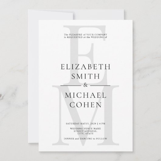 Chic Modern Monogram Initial Schwarz-weiß Wedding Einladung (Vorderseite)