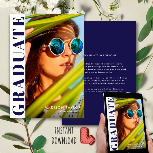 Chic Modern Navy Blue and White Foto Abschluss Ankündigung