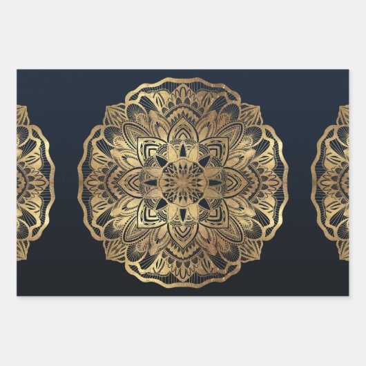 Chic Modern Navy Blue Gold Mandala Geschenkpapier Set (Vorderseite)