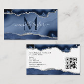 Chic Modern Navy Blue Monogram Agate QR CODE Busi Visitenkarte (Vorne/Hinten)