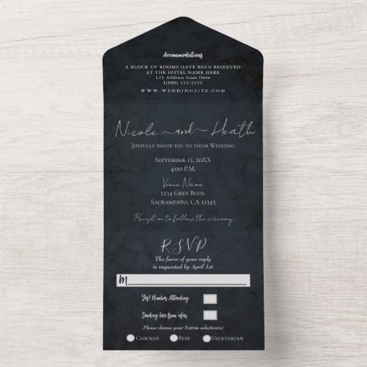 Chic Modern Navy Blue Texture Wedding Foto All In One Einladung (Innen Boden)