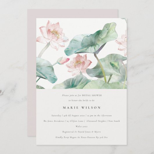 Chic Modern Pastel Blush Wasserlilie Brautparty Einladung (Vorne/Hinten)