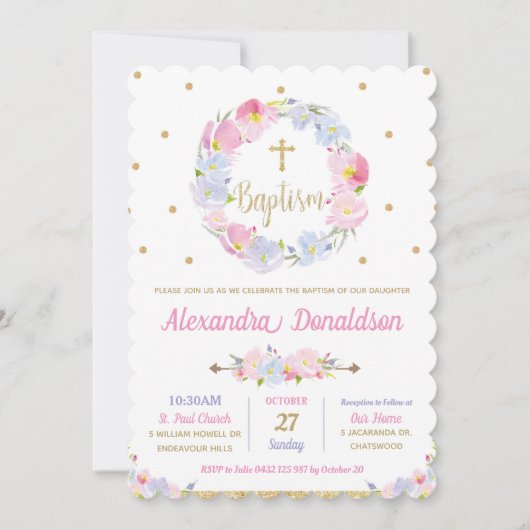 Chic Modern Pink Floral Taufe Christening Girl Einladung (Vorderseite)