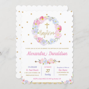 Chic Modern Pink Floral Taufe Christening Girl Einladung