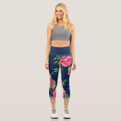 Chic Modern Red Pink Blume auf Dunklen Navy Leggin Capri Leggings (Vorderseite)