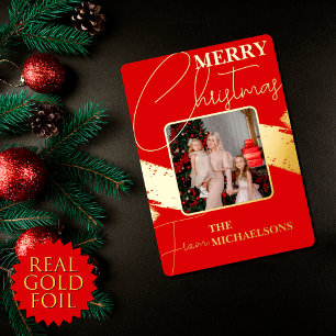 Chic Modern Red Typografy Foto Weihnachten Gold Folien Feiertagskarte
