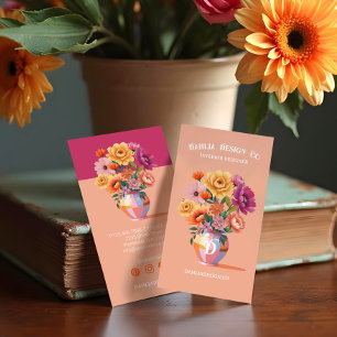 Chic Modern Retro Checkered Vase & Bold Florals Visitenkarte