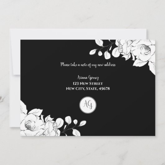 Chic Modern Schwarz-weiß Floral I ve Moved Ankündigung (Rückseite)