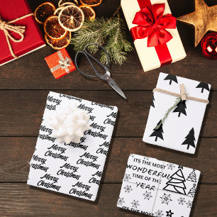 Chic Modern Schwarz-weiß fröhliches Weihnachtsgesc Geschenkpapier Set