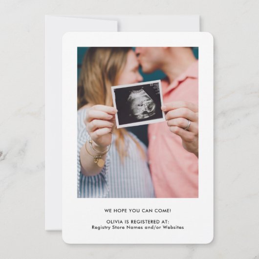 Chic Modern Script 2 Foto Minimal Babydusche Einladung (Rückseite)