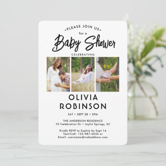 Chic Modern Script 4 Foto Minimal Babydusche Einladung (Stehend Vorderseite)