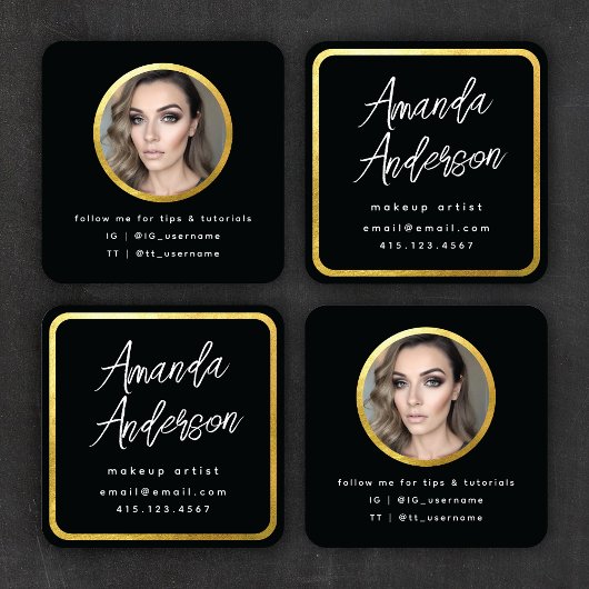 Chic Modern Script Black + Gold Foto Quadratische Visitenkarte