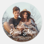 Chic Modern Script & Foto Brautparty Vielen Dank Runder Aufkleber (Vorderseite)
