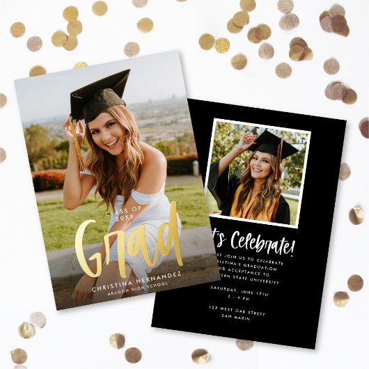Chic Modern Script Grad Foto Abschluss Gold Folieneinladung