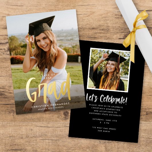 Chic Modern Script Grad Foto Abschluss Gold Folieneinladung