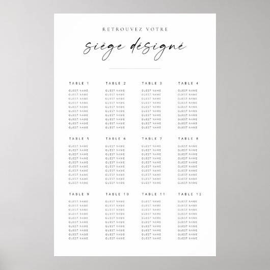 Chic Modern Script Hochzeitsdiagramm | Französisch Poster (Vorne)