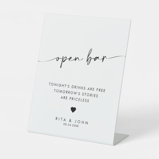 Chic Modern Script Open Bar Wedding Sign Sockelschild (Vorderseite)