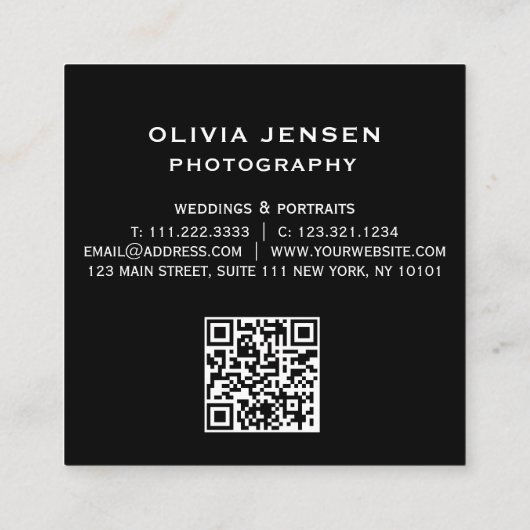 Chic Modern Script Typografy Simple Fotograf Quadratische Visitenkarte (Rückseite)