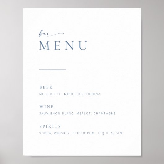 Chic + Modern Script Wedding Bar Menu Sign | Blau Poster (Vorne)