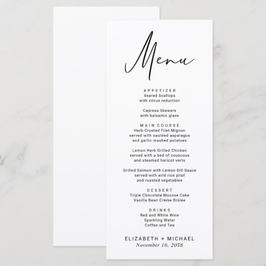 Chic Modern Script Wedding Menükarte (Vorne/Hinten)