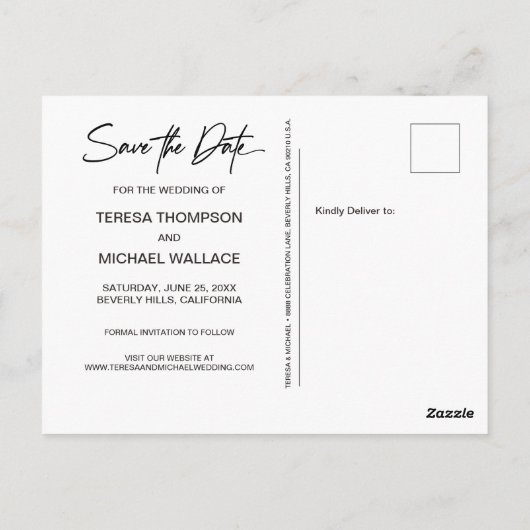 Chic Modern Script Wedding Save the Date Foto Postkarte (Rückseite)