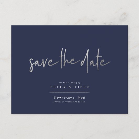 Chic+Modern Silver Signature Script, Save the Date Postkarte (Vorderseite)