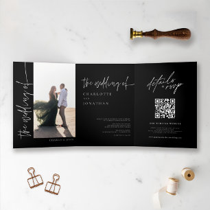 Chic Modern Simple Foto Black and White Wedding Dreifach Gefaltete Einladung