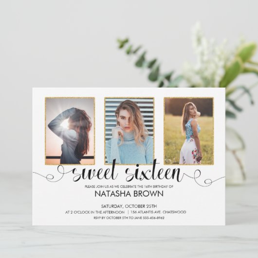 Chic Modern Typografie Sweet 16 Party Foto Einladung (Stehend Vorderseite)