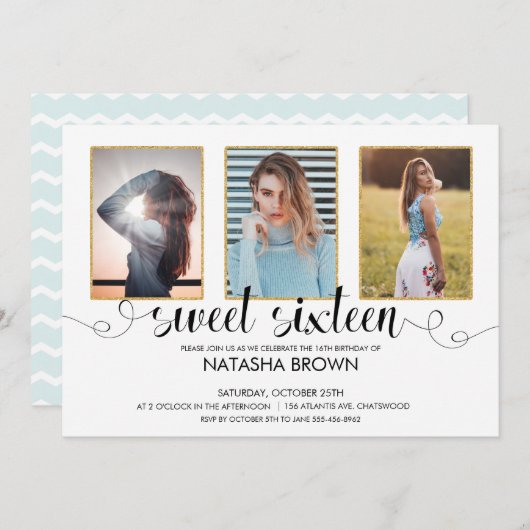 Chic Modern Typografie Sweet 16 Party Foto Einladung (Vorne/Hinten)