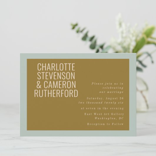 Chic Modern Typografy Blue and Olive Wedding Einladung (Stehend Vorderseite)